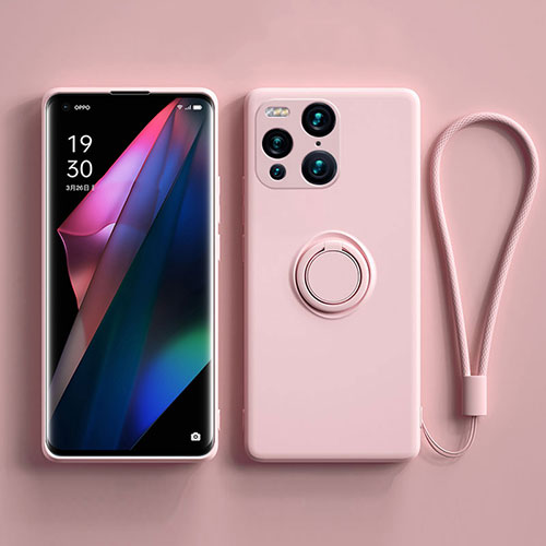 Ultra-thin Silicone Gel Soft Case Cover with Magnetic Finger Ring Stand S01 for Oppo Find X3 Pro 5G Pink