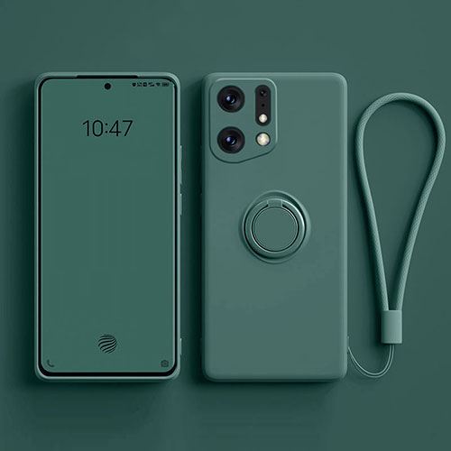 Ultra-thin Silicone Gel Soft Case Cover with Magnetic Finger Ring Stand S01 for Oppo Find X5 5G Midnight Green