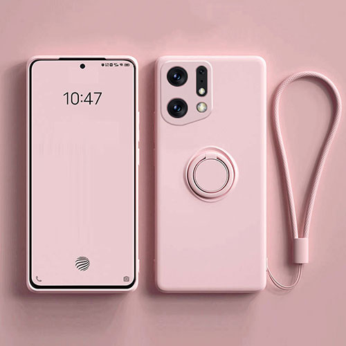 Ultra-thin Silicone Gel Soft Case Cover with Magnetic Finger Ring Stand S01 for Oppo Find X5 5G Pink