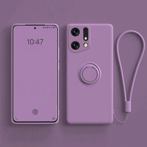 Ultra-thin Silicone Gel Soft Case Cover with Magnetic Finger Ring Stand S01 for Oppo Find X5 5G Purple