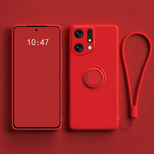 Ultra-thin Silicone Gel Soft Case Cover with Magnetic Finger Ring Stand S01 for Oppo Find X5 5G Red