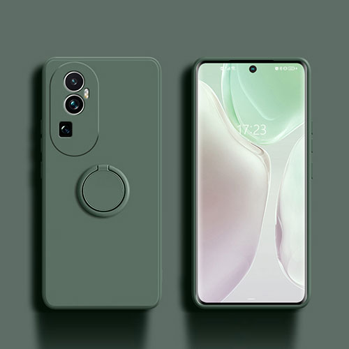 Ultra-thin Silicone Gel Soft Case Cover with Magnetic Finger Ring Stand S01 for Oppo Reno10 Pro+ Plus 5G Midnight Green