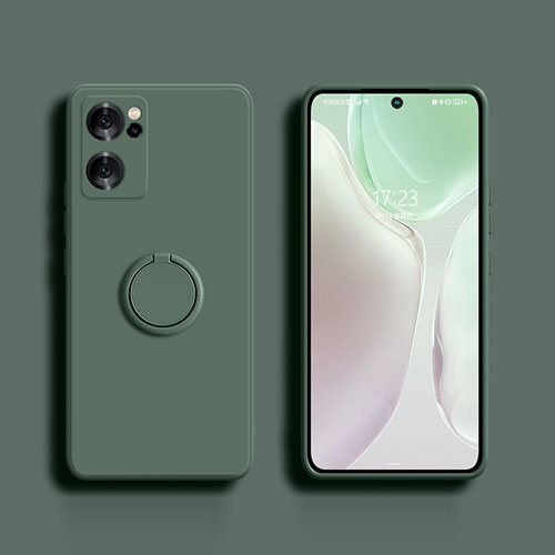 Ultra-thin Silicone Gel Soft Case Cover with Magnetic Finger Ring Stand S01 for Oppo Reno7 SE 5G Midnight Green