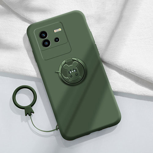 Ultra-thin Silicone Gel Soft Case Cover with Magnetic Finger Ring Stand S01 for Vivo iQOO Neo6 SE 5G Midnight Green
