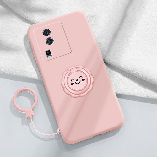 Ultra-thin Silicone Gel Soft Case Cover with Magnetic Finger Ring Stand S01 for Vivo iQOO Neo7 5G Pink