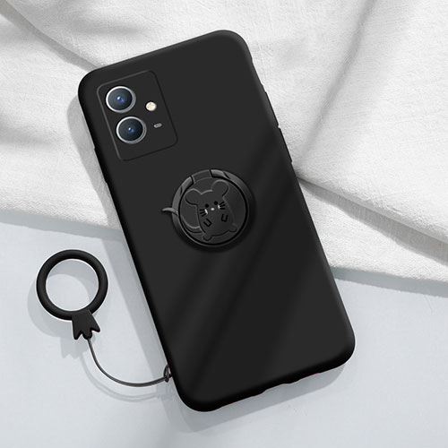 Ultra-thin Silicone Gel Soft Case Cover with Magnetic Finger Ring Stand S01 for Vivo T1 5G India Black