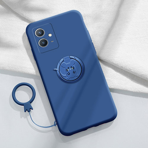 Ultra-thin Silicone Gel Soft Case Cover with Magnetic Finger Ring Stand S01 for Vivo T1 5G India Blue