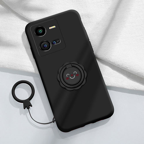 Ultra-thin Silicone Gel Soft Case Cover with Magnetic Finger Ring Stand S01 for Vivo V25 5G Black