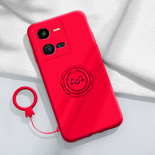 Ultra-thin Silicone Gel Soft Case Cover with Magnetic Finger Ring Stand S01 for Vivo X80 Lite 5G Red