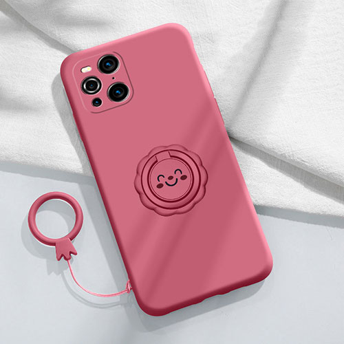 Ultra-thin Silicone Gel Soft Case Cover with Magnetic Finger Ring Stand S02 for Oppo Find X3 5G Hot Pink