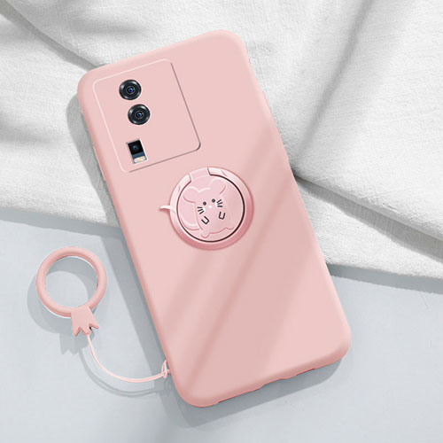 Ultra-thin Silicone Gel Soft Case Cover with Magnetic Finger Ring Stand S02 for Vivo iQOO Neo7 5G Pink