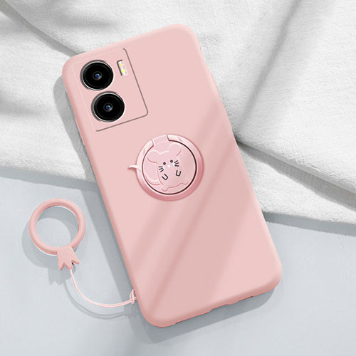 Ultra-thin Silicone Gel Soft Case Cover with Magnetic Finger Ring Stand S02 for Vivo iQOO Z7x 5G Pink