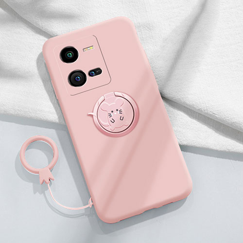 Ultra-thin Silicone Gel Soft Case Cover with Magnetic Finger Ring Stand S02 for Vivo V25 5G Pink