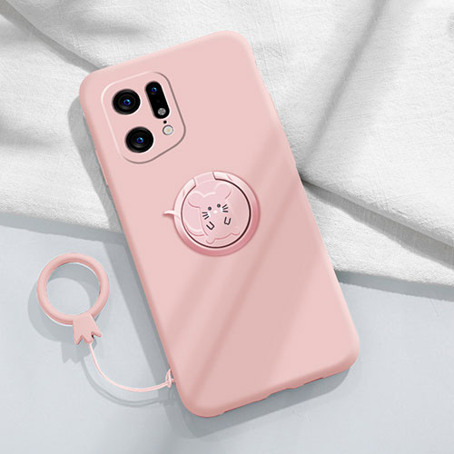 Ultra-thin Silicone Gel Soft Case Cover with Magnetic Finger Ring Stand S03 for Oppo Find X5 Pro 5G Pink