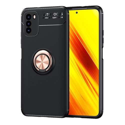 Ultra-thin Silicone Gel Soft Case Cover with Magnetic Finger Ring Stand SD1 for Xiaomi Poco M3 Gold and Black