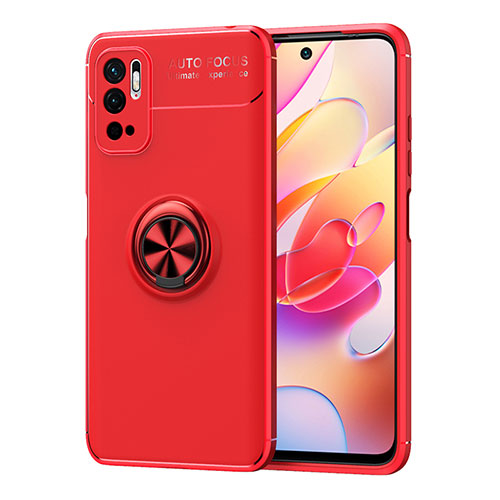 Ultra-thin Silicone Gel Soft Case Cover with Magnetic Finger Ring Stand SD1 for Xiaomi Redmi Note 10 5G Red