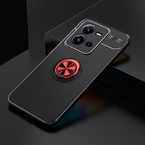 Ultra-thin Silicone Gel Soft Case Cover with Magnetic Finger Ring Stand SD2 for Vivo X80 Lite 5G Red and Black