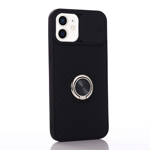 Ultra-thin Silicone Gel Soft Case Cover with Magnetic Finger Ring Stand T01 for Apple iPhone 12 Black