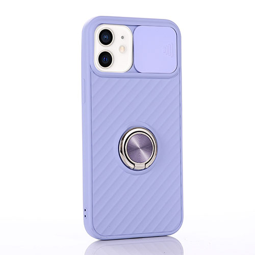 Ultra-thin Silicone Gel Soft Case Cover with Magnetic Finger Ring Stand T01 for Apple iPhone 12 Clove Purple
