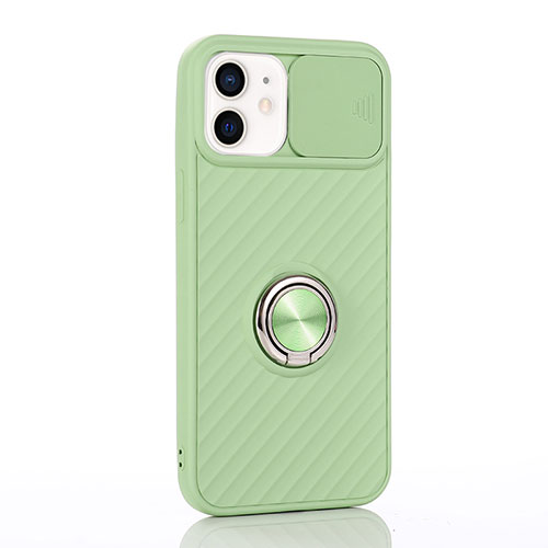 Ultra-thin Silicone Gel Soft Case Cover with Magnetic Finger Ring Stand T01 for Apple iPhone 12 Matcha Green