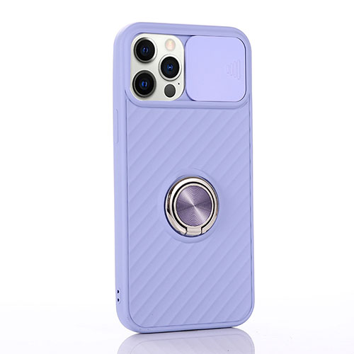 Ultra-thin Silicone Gel Soft Case Cover with Magnetic Finger Ring Stand T01 for Apple iPhone 12 Pro Clove Purple