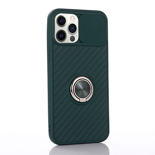 Ultra-thin Silicone Gel Soft Case Cover with Magnetic Finger Ring Stand T01 for Apple iPhone 12 Pro Max Midnight Green