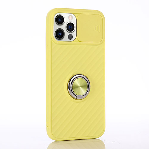Ultra-thin Silicone Gel Soft Case Cover with Magnetic Finger Ring Stand T01 for Apple iPhone 12 Pro Max Yellow