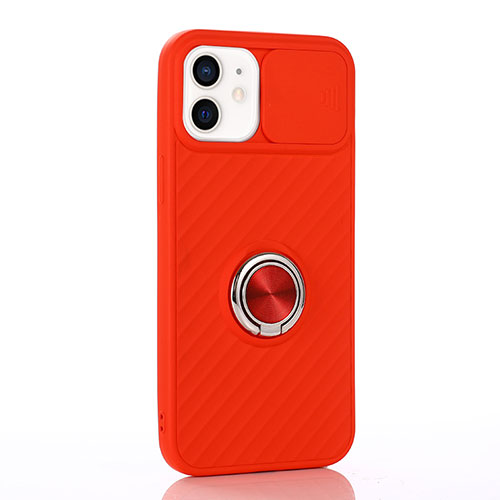 Ultra-thin Silicone Gel Soft Case Cover with Magnetic Finger Ring Stand T01 for Apple iPhone 12 Red