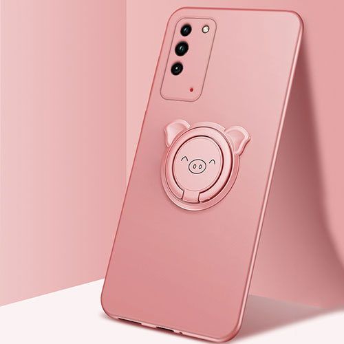 Ultra-thin Silicone Gel Soft Case Cover with Magnetic Finger Ring Stand T01 for Huawei Honor X10 5G Rose Gold