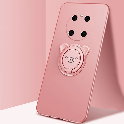 Ultra-thin Silicone Gel Soft Case Cover with Magnetic Finger Ring Stand T01 for Huawei Mate 40E 5G Rose Gold