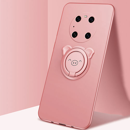 Ultra-thin Silicone Gel Soft Case Cover with Magnetic Finger Ring Stand T01 for Huawei Mate 40E Pro 4G Rose Gold