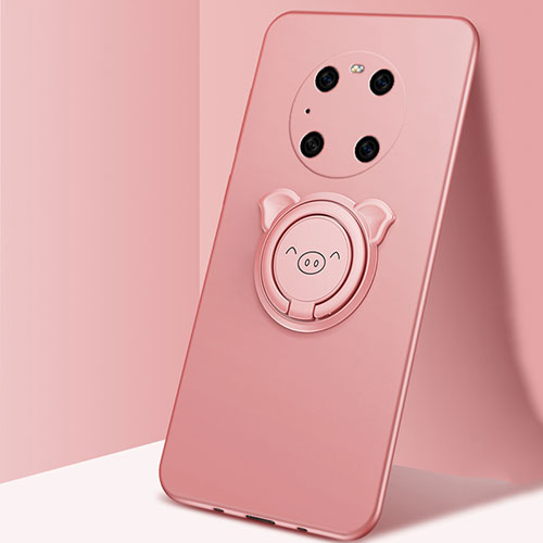 Ultra-thin Silicone Gel Soft Case Cover with Magnetic Finger Ring Stand T01 for Huawei Mate 40E Pro 5G Rose Gold