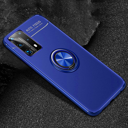 Ultra-thin Silicone Gel Soft Case Cover with Magnetic Finger Ring Stand T01 for Huawei P40 Pro+ Plus Blue
