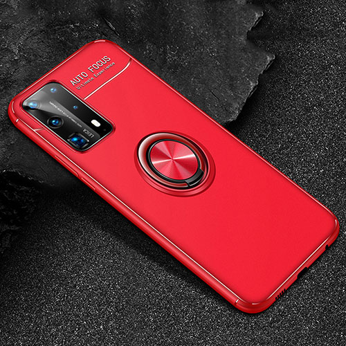 Ultra-thin Silicone Gel Soft Case Cover with Magnetic Finger Ring Stand T01 for Huawei P40 Pro+ Plus Red