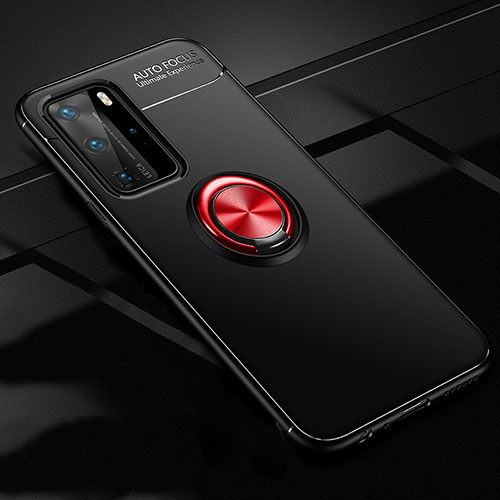 Ultra-thin Silicone Gel Soft Case Cover with Magnetic Finger Ring Stand T01 for Huawei P40 Pro Red and Black