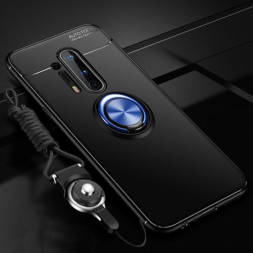 Ultra-thin Silicone Gel Soft Case Cover with Magnetic Finger Ring Stand T01 for OnePlus 8 Pro Blue and Black