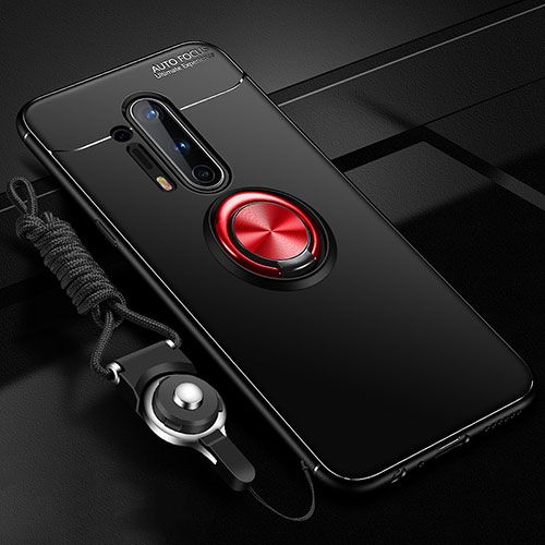 Ultra-thin Silicone Gel Soft Case Cover with Magnetic Finger Ring Stand T01 for OnePlus 8 Pro Red and Black