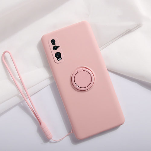 Ultra-thin Silicone Gel Soft Case Cover with Magnetic Finger Ring Stand T01 for Oppo Find X2 Pink