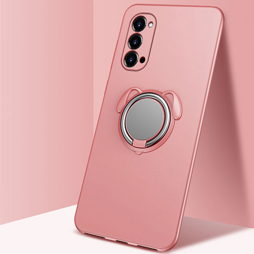 Ultra-thin Silicone Gel Soft Case Cover with Magnetic Finger Ring Stand T01 for Oppo Reno4 5G Rose Gold