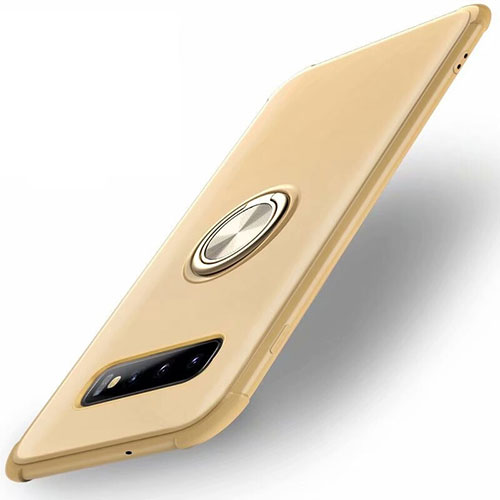 Ultra-thin Silicone Gel Soft Case Cover with Magnetic Finger Ring Stand T01 for Samsung Galaxy S10 Plus Gold