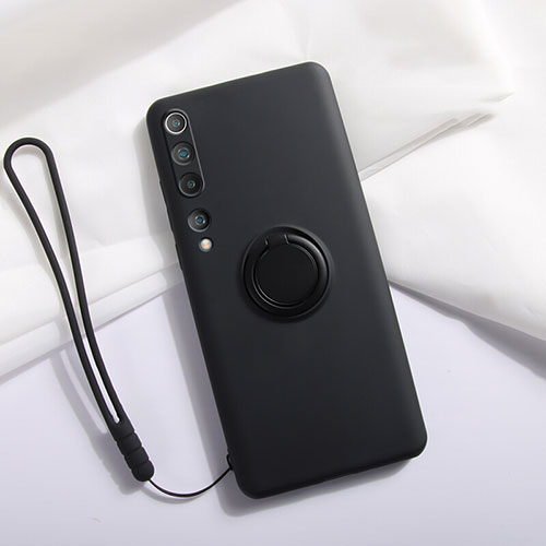 Ultra-thin Silicone Gel Soft Case Cover with Magnetic Finger Ring Stand T01 for Xiaomi Mi 10 Black