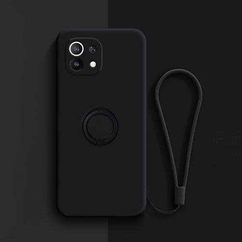 Ultra-thin Silicone Gel Soft Case Cover with Magnetic Finger Ring Stand T01 for Xiaomi Mi 11 5G Black