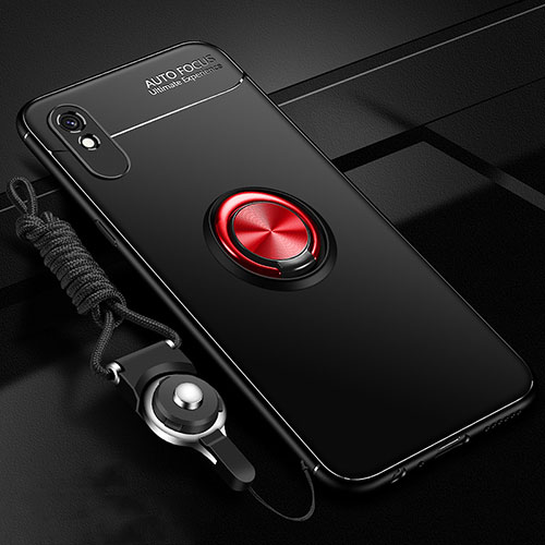 Ultra-thin Silicone Gel Soft Case Cover with Magnetic Finger Ring Stand T01 for Xiaomi Redmi 9AT Red and Black