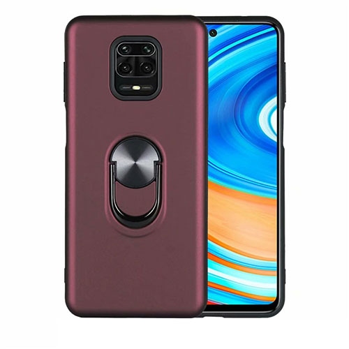 Ultra-thin Silicone Gel Soft Case Cover with Magnetic Finger Ring Stand T01 for Xiaomi Redmi Note 9 Pro Max Red Wine