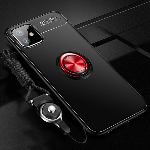 Ultra-thin Silicone Gel Soft Case Cover with Magnetic Finger Ring Stand T02 for Apple iPhone 11 Red and Black