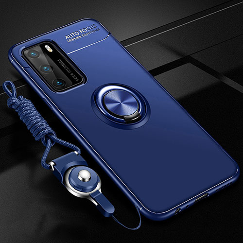 Ultra-thin Silicone Gel Soft Case Cover with Magnetic Finger Ring Stand T02 for Huawei P40 Blue