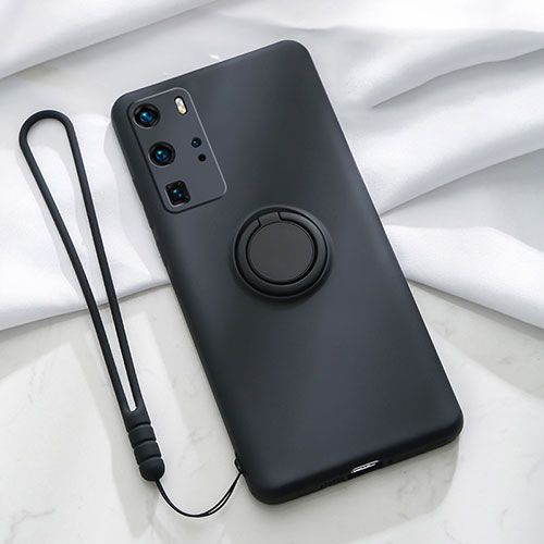 Ultra-thin Silicone Gel Soft Case Cover with Magnetic Finger Ring Stand T02 for Huawei P40 Pro Black
