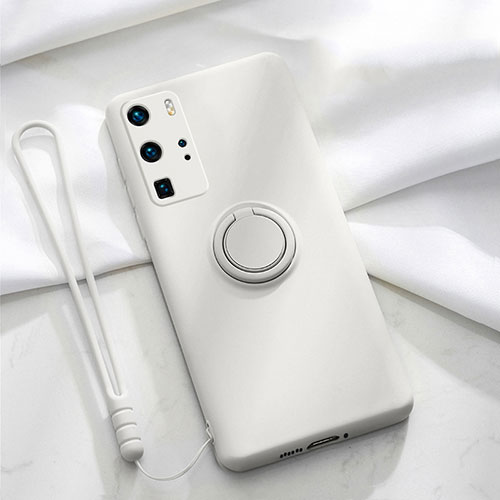 Ultra-thin Silicone Gel Soft Case Cover with Magnetic Finger Ring Stand T02 for Huawei P40 Pro White