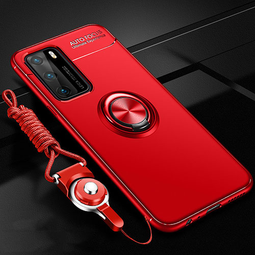 Ultra-thin Silicone Gel Soft Case Cover with Magnetic Finger Ring Stand T02 for Huawei P40 Red
