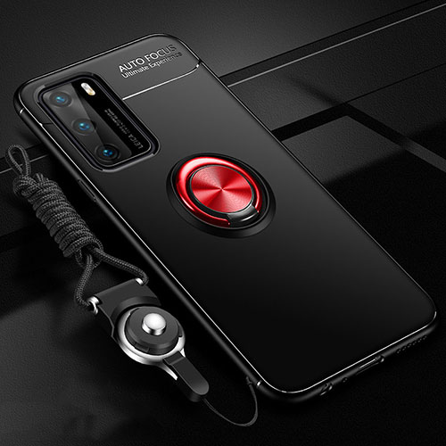 Ultra-thin Silicone Gel Soft Case Cover with Magnetic Finger Ring Stand T02 for Huawei P40 Red and Black